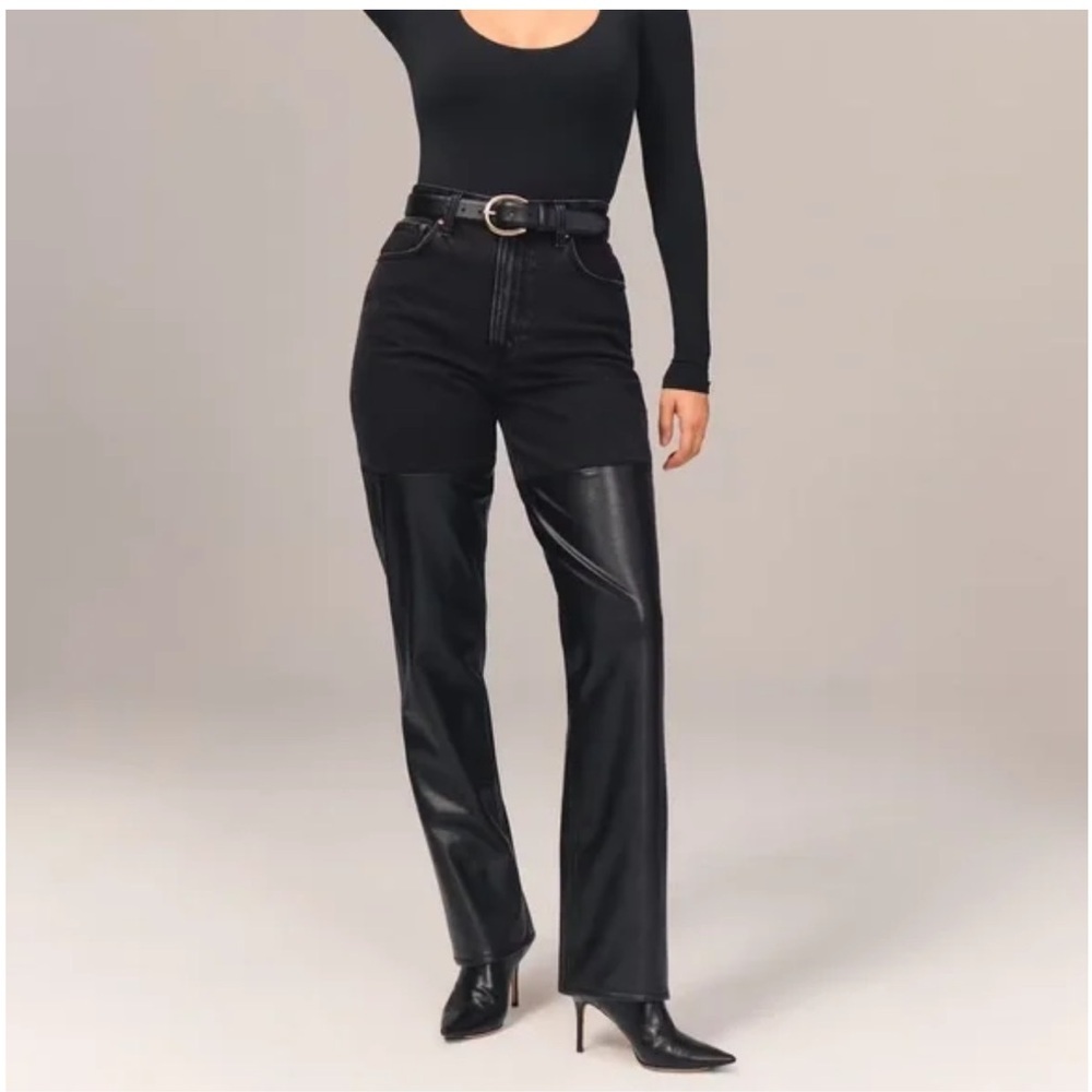 Abercrombie & Fitch The '90s Straight Ultra High Rise Black Jeans Leather Panel